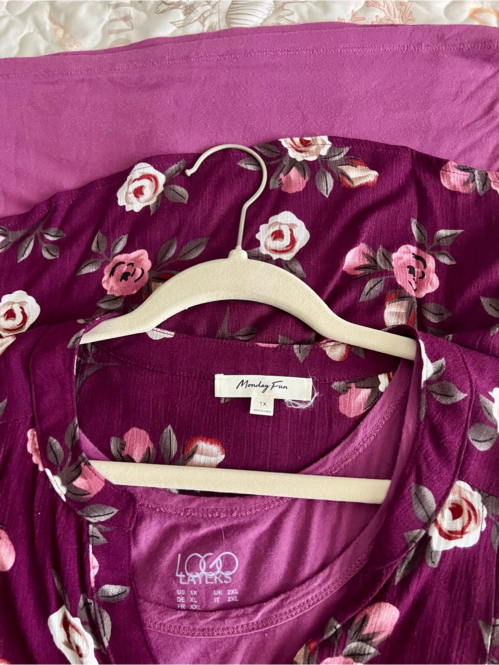 Monday Fun Floral Purple Top - Pink Rose Print